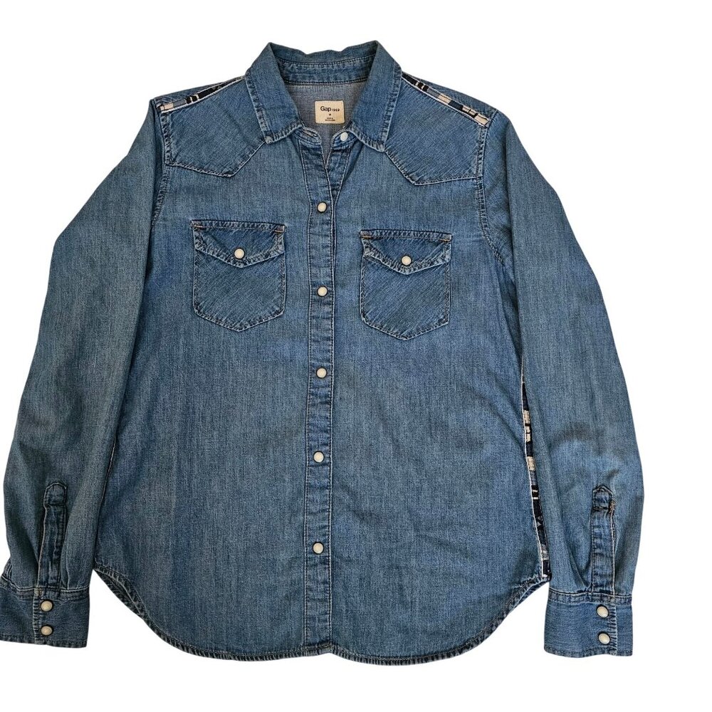 Gap 1969 Blue Horse Print Shoulder Side Pattern Trim Denim Western Shirt Size M - Picture 2 of 13